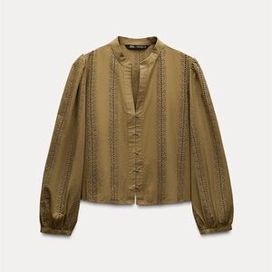 Zara Olive Brown Eyelet Button-Up Blouse